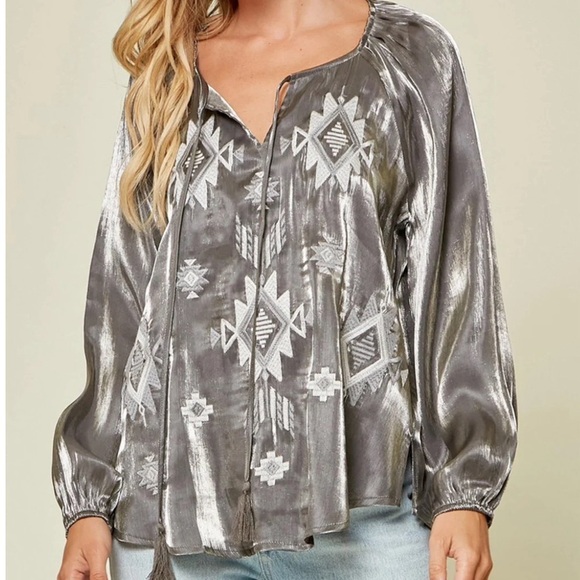Savanna Jane Tops - Savanna Jane Charcoal Embroidery Aztec Tone V-Neck Top In Metallic Silver Size S